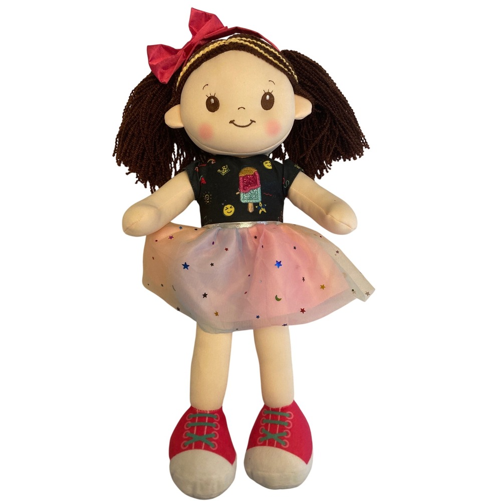 Linzy Toys Plush Rag Doll Rainbow Tutu Popsicle Top Brown Yarn Hair 730231
